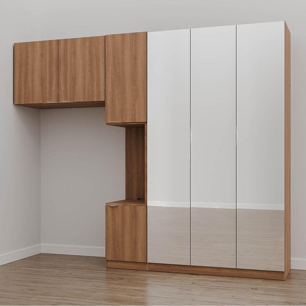 Guarda Roupa Modulado de Solteiro com Espelho e Mesa de Cabeceira Direita 7 Portas 3 Peças Hera Cabe Louro/Cromado