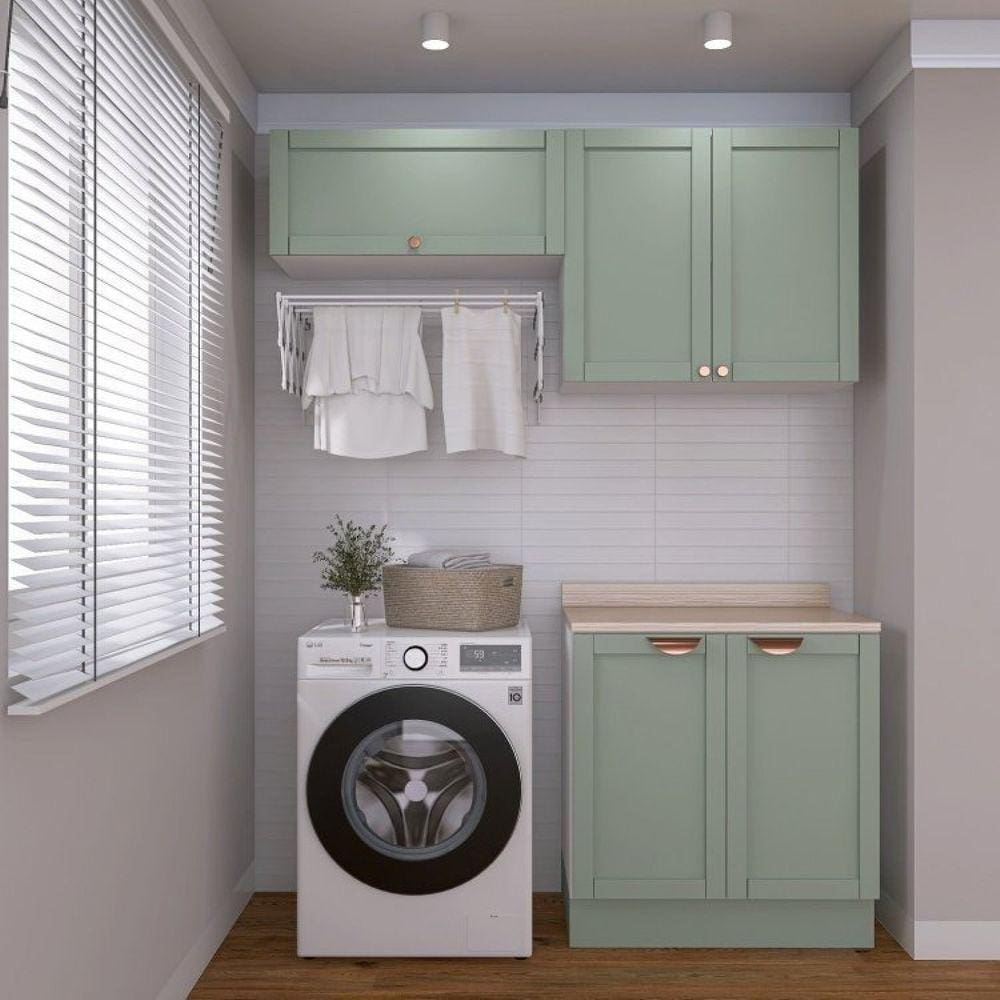 Lavanderia Modulada 3 Peças 2 Armários Aéreos 1 Balcão 2 Portas Cabecasa Madeiramadeira Verde Menta/Branco