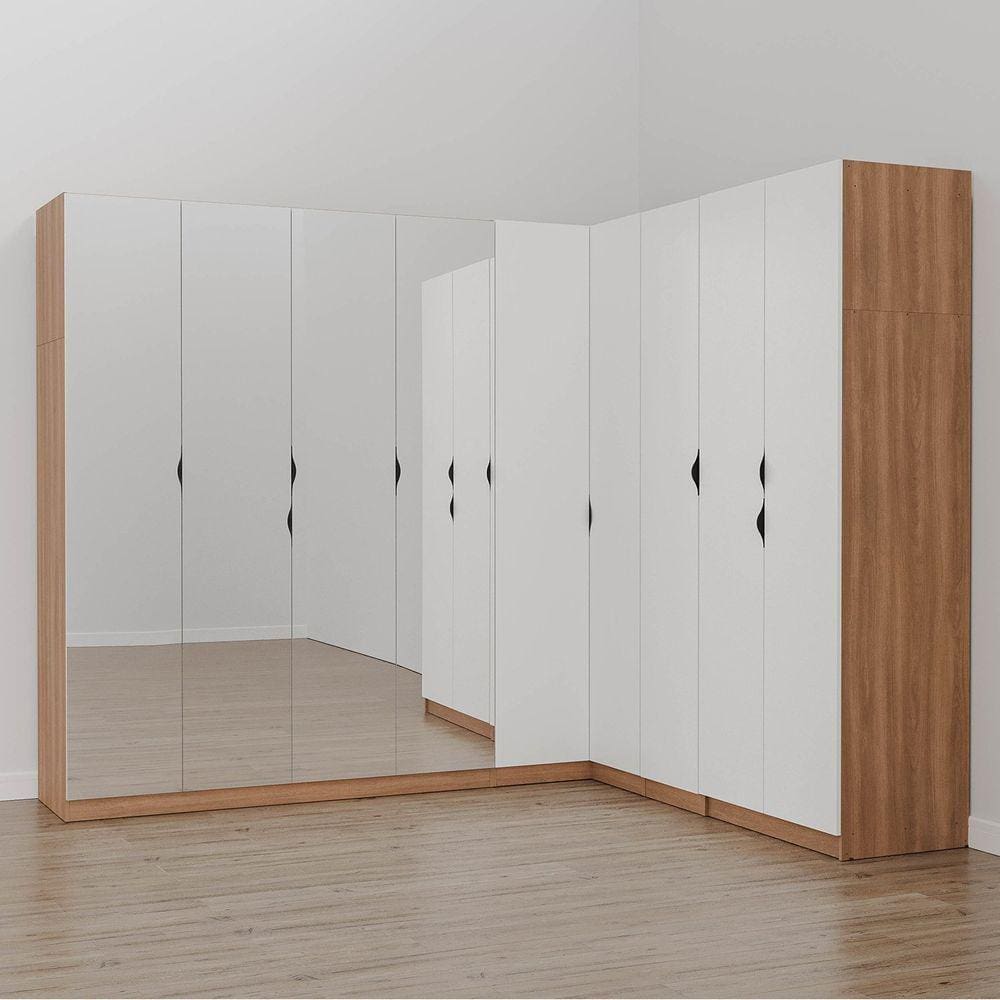 Guarda Roupa Modulado de Canto com Espelho 9 Portas 4 Peças Hera Cabecasa Madeiramadeira Louro/Branco Geada/Preto