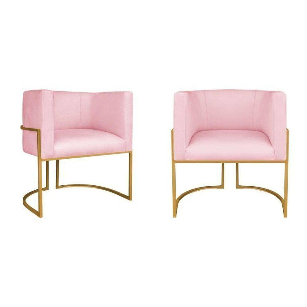 Kit 2 Poltrona Decorativa Base de Ferro Suede Munique Rosa Bebê/Dourado