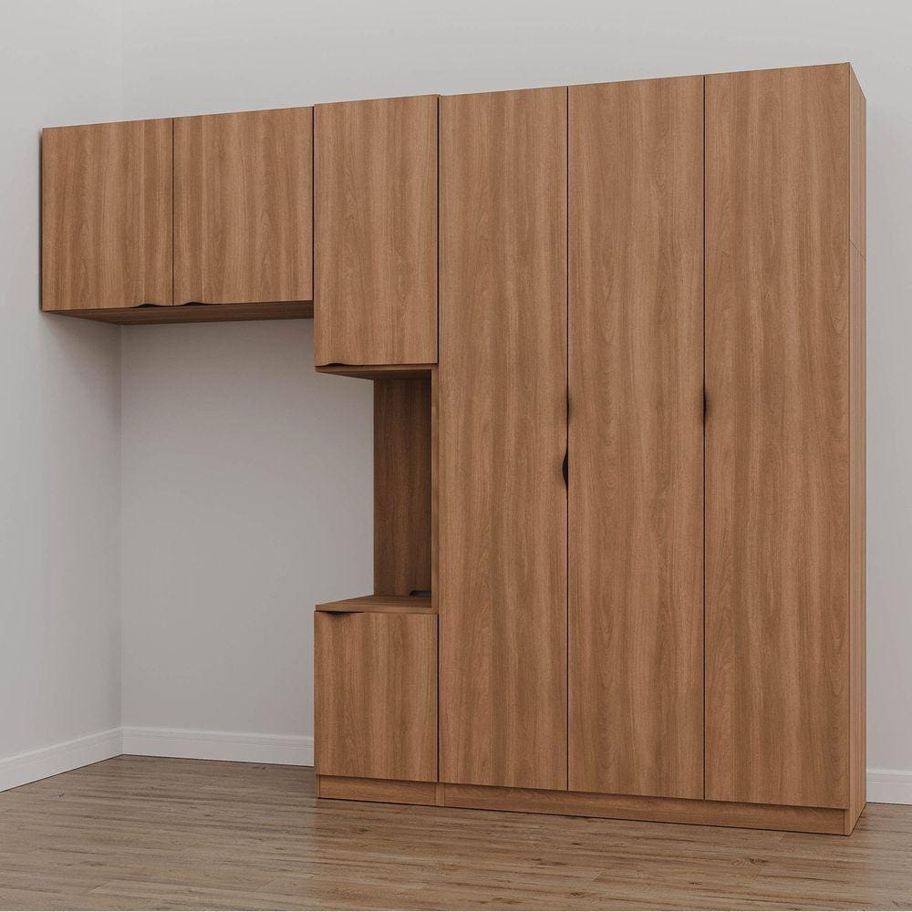 Guarda Roupa Modulado de Solteiro Ccom Mesa de Cabeceira Direita 7 Portas 3 Peças Hera Cabecasa Made Louro/Preto/Preto