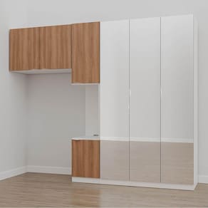Guarda Roupa Modulado de Solteiro com Espelho e Mesa de Cabeceira Direita 7 Portas 3 Peças Hera Cabe Branco Geada/Louro/Cromado