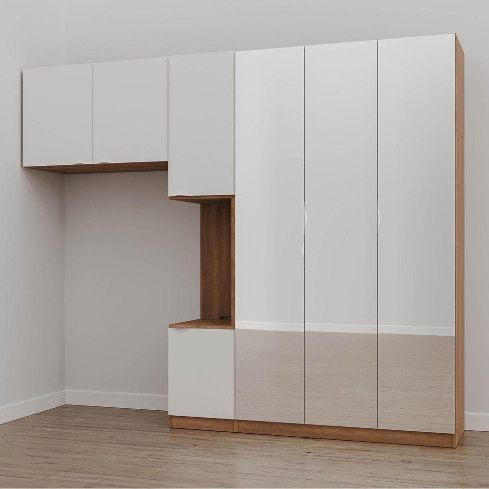 Guarda Roupa Modulado de Solteiro com Espelho e Mesa de Cabeceira Direita 7 Portas 3 Peças Hera Cabe Louro/Branco Geada/Cromado