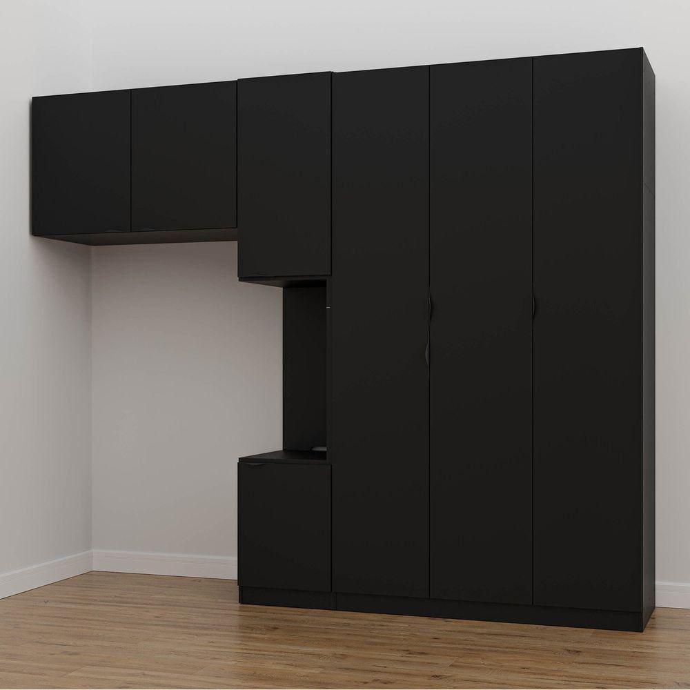 Guarda Roupa Modulado de Solteiro com Mesa de Cabeceira Direita 7 Portas 3 Peças Hera Cabecasa Madei Preto/Preto