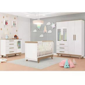 Quarto de Bebê Completo com Guarda Roupa com Janela Cômoda e Berço Kakau Espresso Móveis Branco Brilho/Carvalho