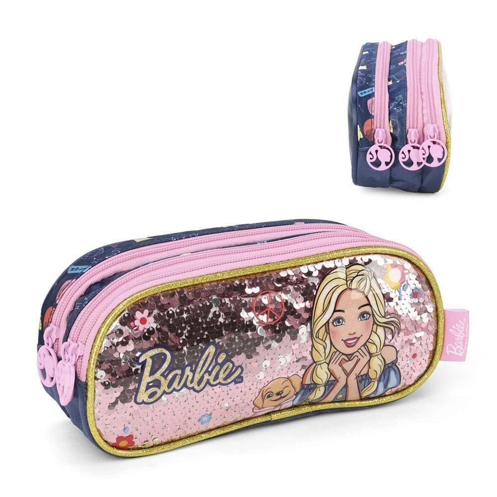 Estojo 3 Divisória Barbie Fashion Pet Paetê Azul Luxcel