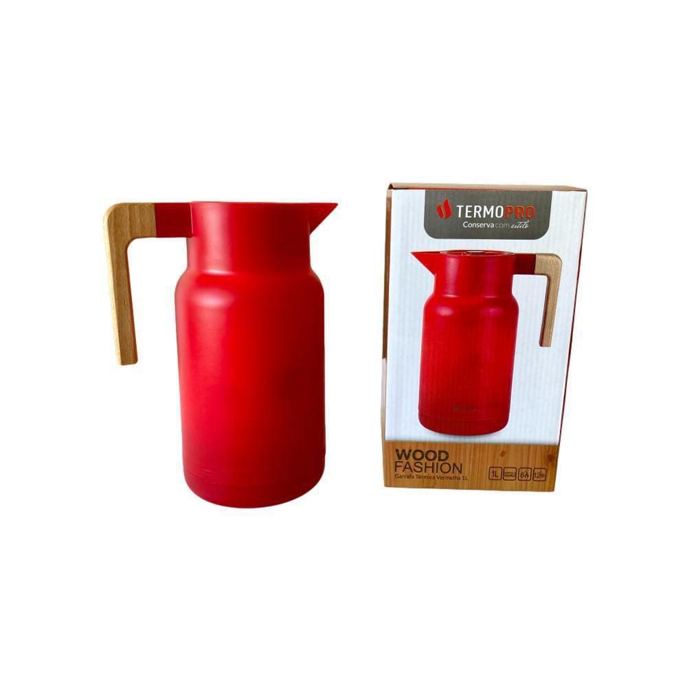 Garrafa Fashion Wood Térmica Vermelha 1 Litro Chá Café Leite