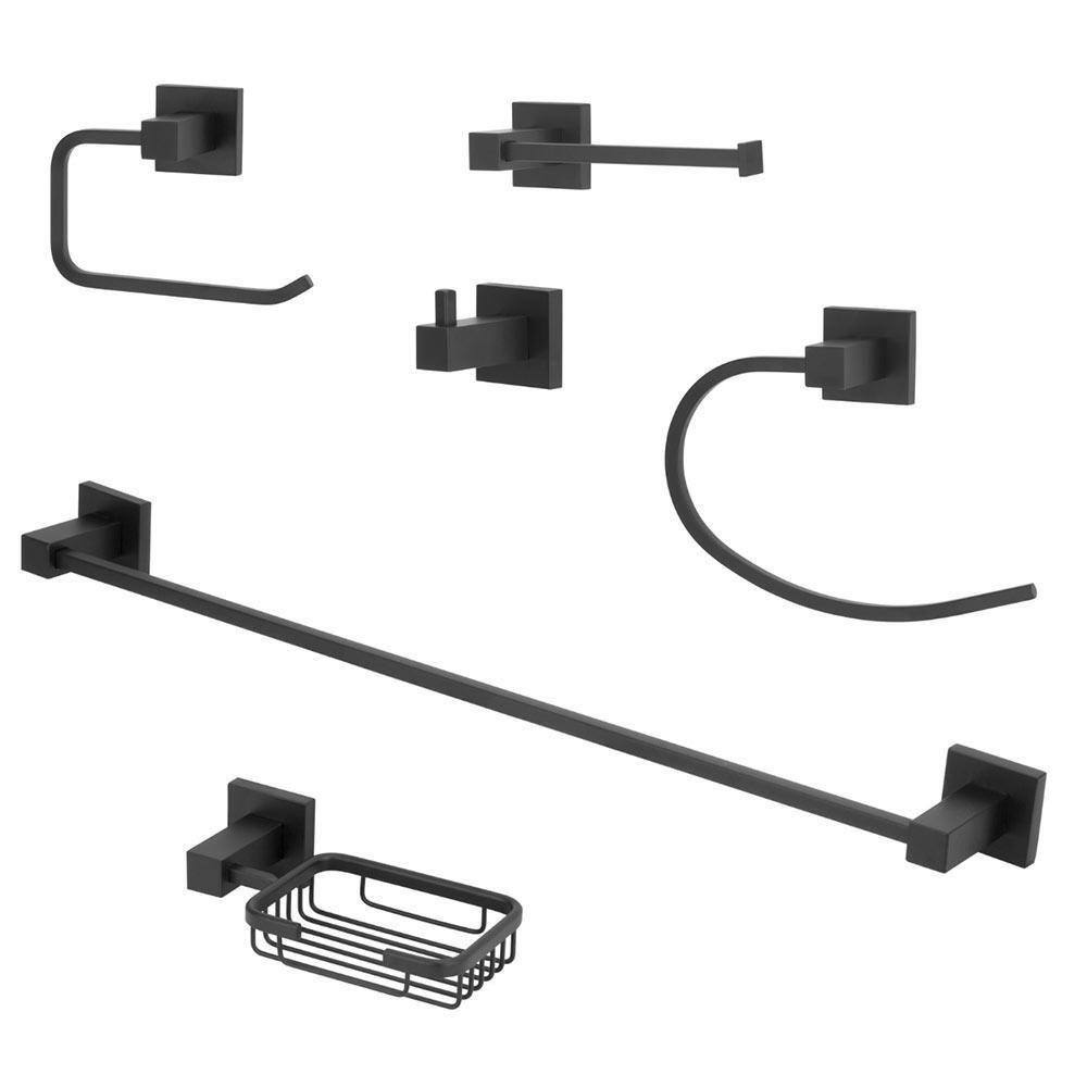 Kit Acessórios Quadrado Banheiro Preto/Black Fosco 6 Peças