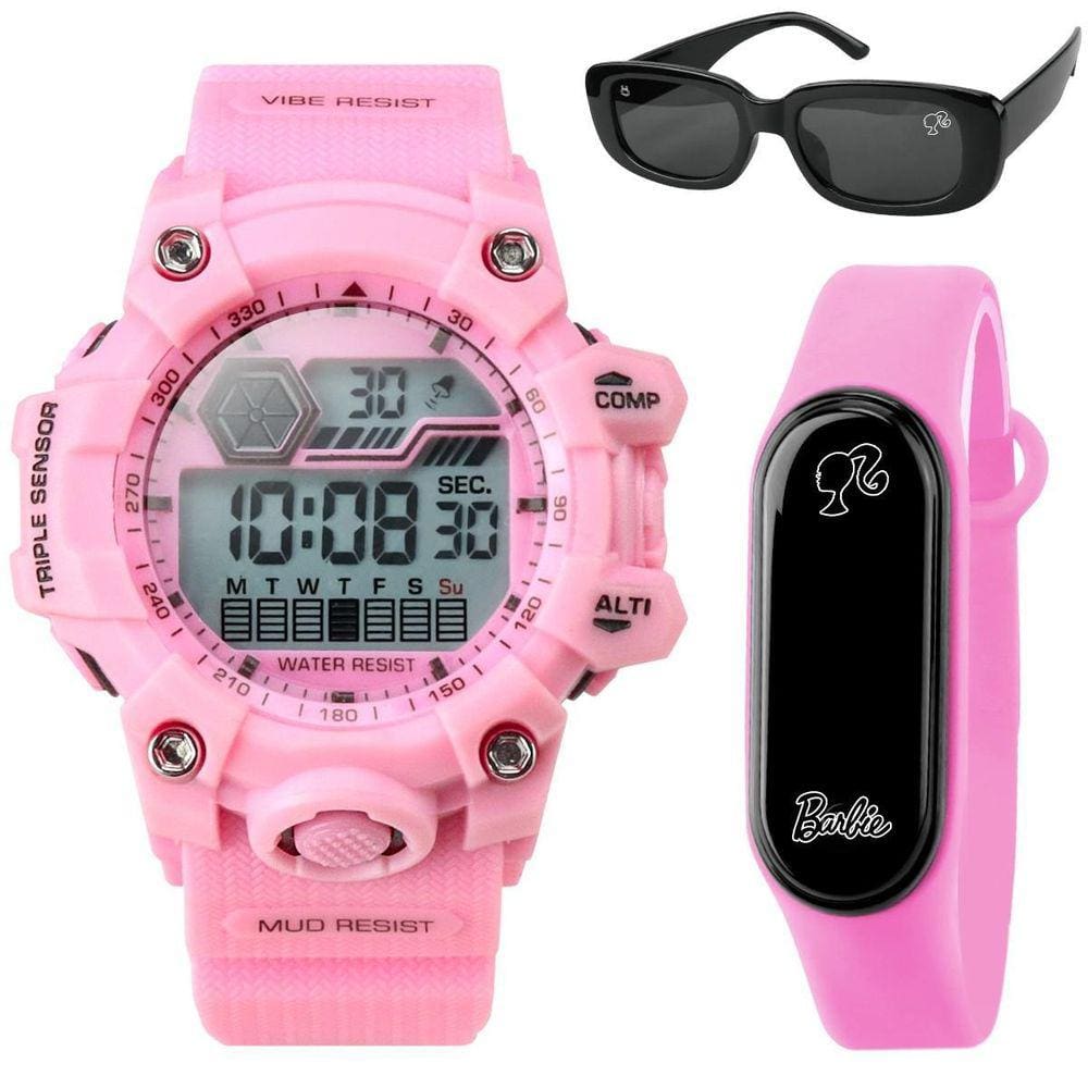 Kit Relógio Infantil Barbie + Óculos Prova D`água - Rosa