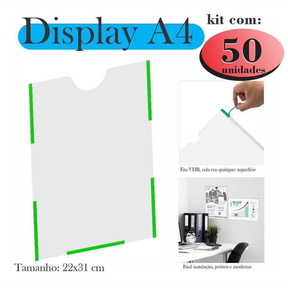 50 Display A4 Expositor Porta Folha Quadro Aviso Parede Petg