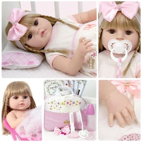 Boneca Bebe Reborn Loira Corpo De Silicone Enxoval 20 Itens