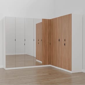 Guarda Roupa Modulado de Canto com Espelho 9 Portas 4 Peças Hera Cabecasa Madeiramadeira Branco Geada/Louro/Preto