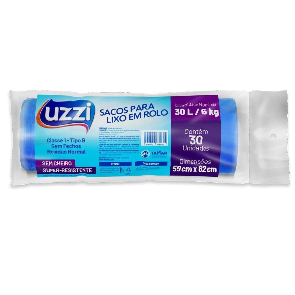 Saco para Lixo Uzzi Rolo Azul 30L - Embalagem com 30 Unidades