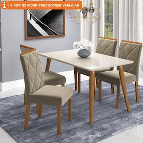 Conjunto Sala de Jantar Adele 130X80 Tampo em MDF/Vidro 4 Cadeiras Fernanda Cimol Madeira Off White Joli