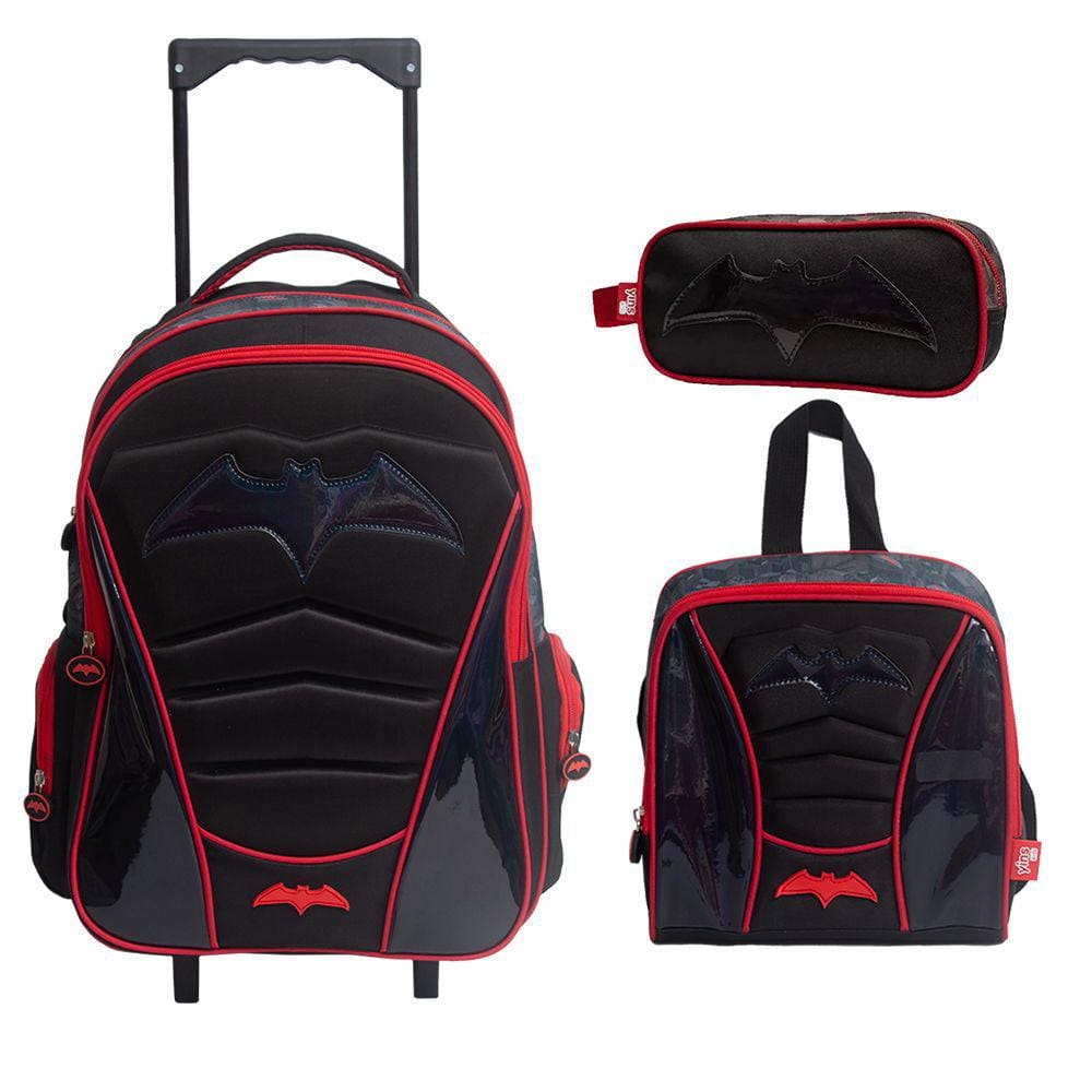 Kit Mochila Escolar Infantil de Rodinhas com Lancheira e Estojo em Pvc Holografico Batman Vermelho