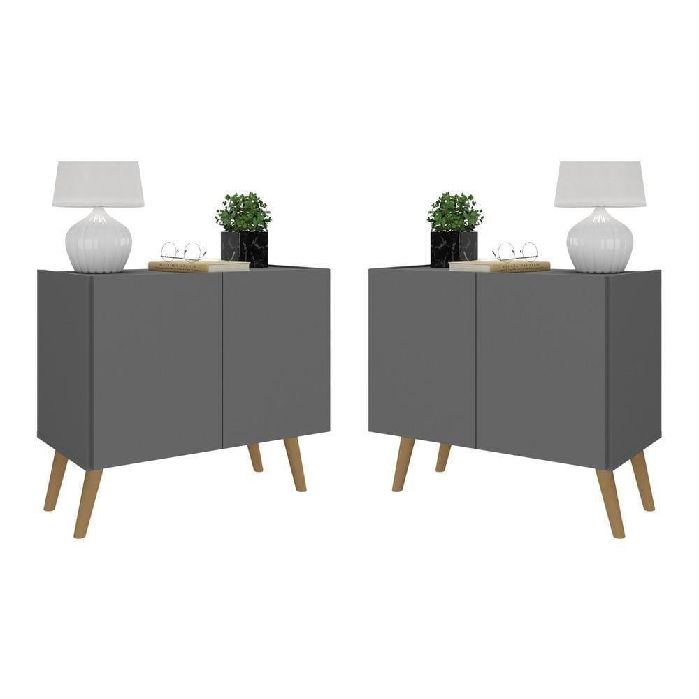 Kit 2 Mesas De Cabeceira Retrô 2 Portas Mp4138 Grafite natural