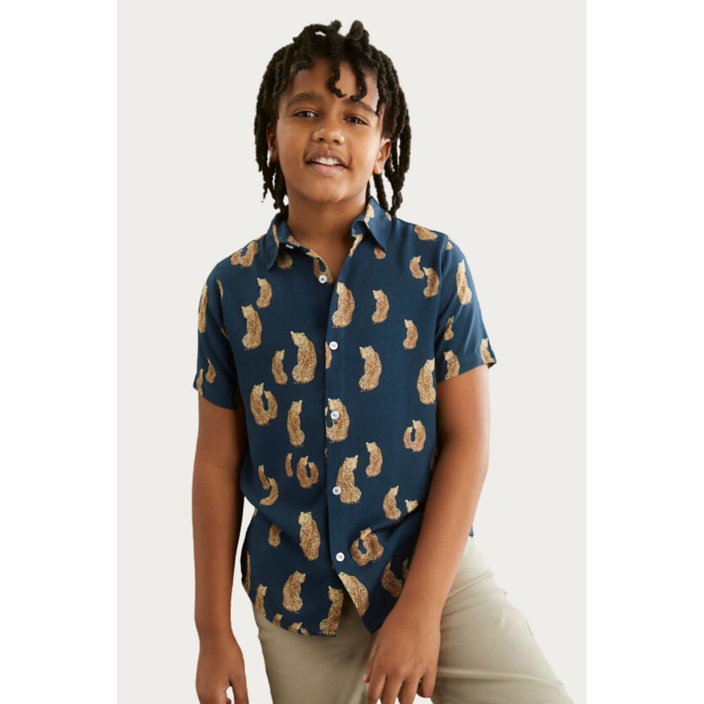 Camisa Rafael Menino Estampada Manga Curta Azul Escuro