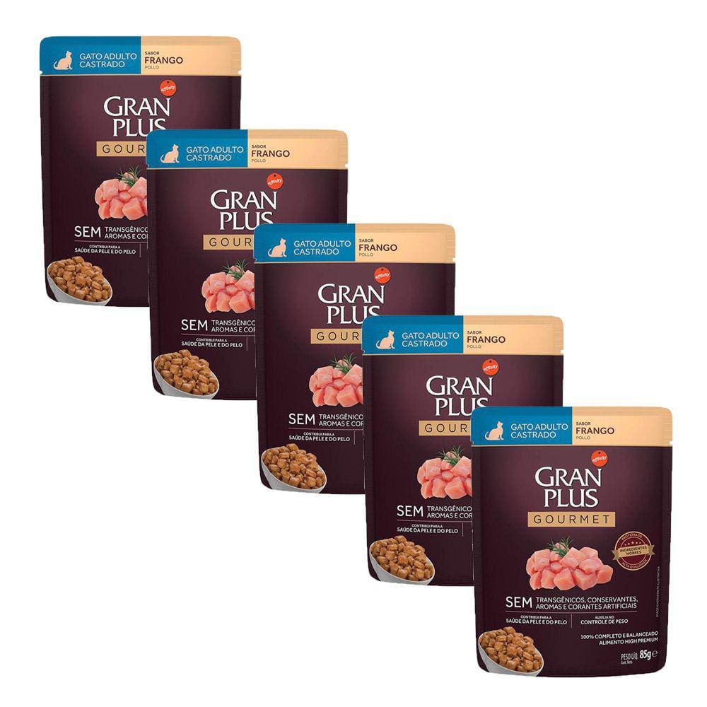 KIT 5 Ração Úmida Gran Plus Gourmet Gatos Adultos Castrado Frango Sachê 85g