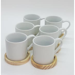 Jogo 6 canecas 210ml c/ pires de Pinus - Porcelana branca