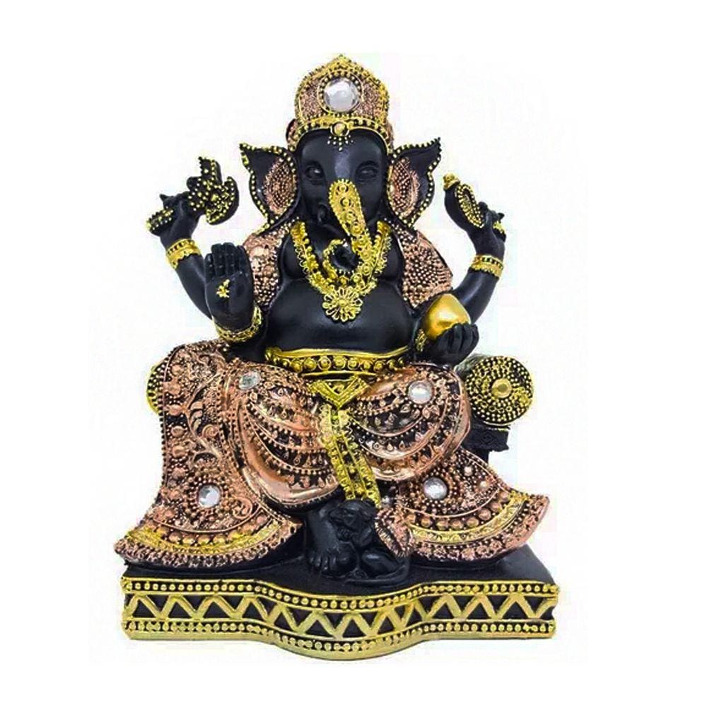 Estatua Enfeite Ganeshi Preta e Dourada Detalhada 16 cm