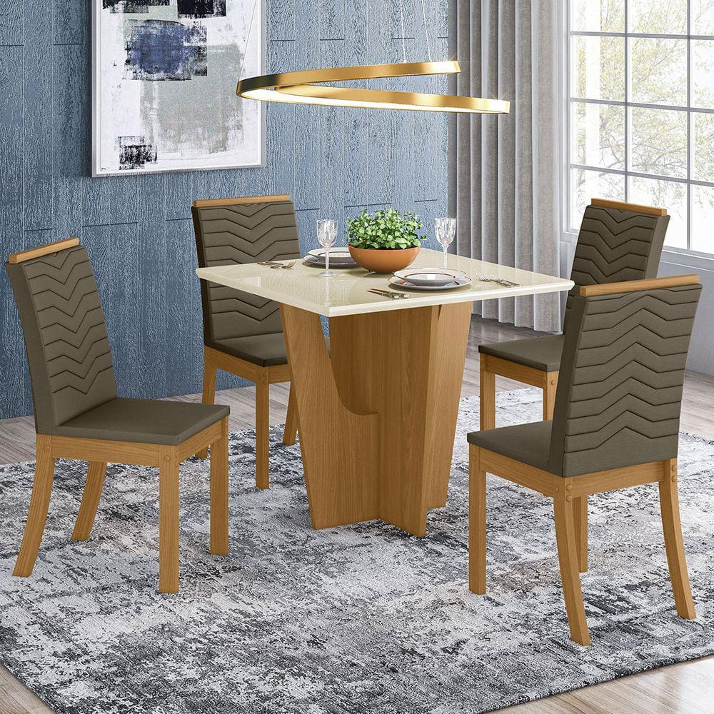 Mesa de Jantar 4 Lugares Scarlett com Vidro Nature/Off White/Bege - Panorama Móveis