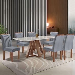 Mesa de Jantar 6 Lugares Kyra/Arizona com Vidro Chocolate/Off White/Suede Cinza - Cel Móveis