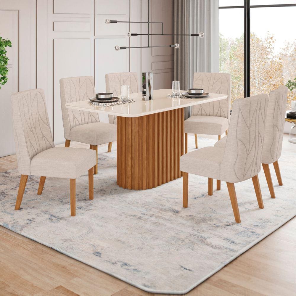 Mesa de Jantar 6 Lugares Stella com Vidro Nature/Off White/Linho - Panorama Móveis
