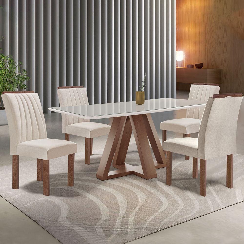 Mesa de Jantar 4 Lugares Kyra/Arizona com Vidro Chocolate/Off White/Suede Bege - Cel Móveis