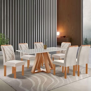 Mesa de Jantar 6 Lugares Kyra/Arthus com Vidro Cinamomo/Off White/Suede Bege - Cel Móveis