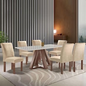 Mesa de Jantar 6 Lugares Kyra/Canela com Vidro Chocolate/Off White/Suede Cru - Cel Móveis