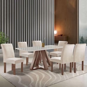 Mesa de Jantar 6 Lugares Kyra/Canela com Vidro Chocolate/Off White/Suede Bege - Cel Móveis