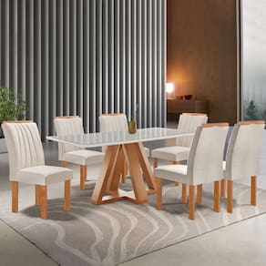 Mesa de Jantar 6 Lugares Kyra/Arizona com Vidro Cinamomo/Off White/Suede Bege - Cel Móveis