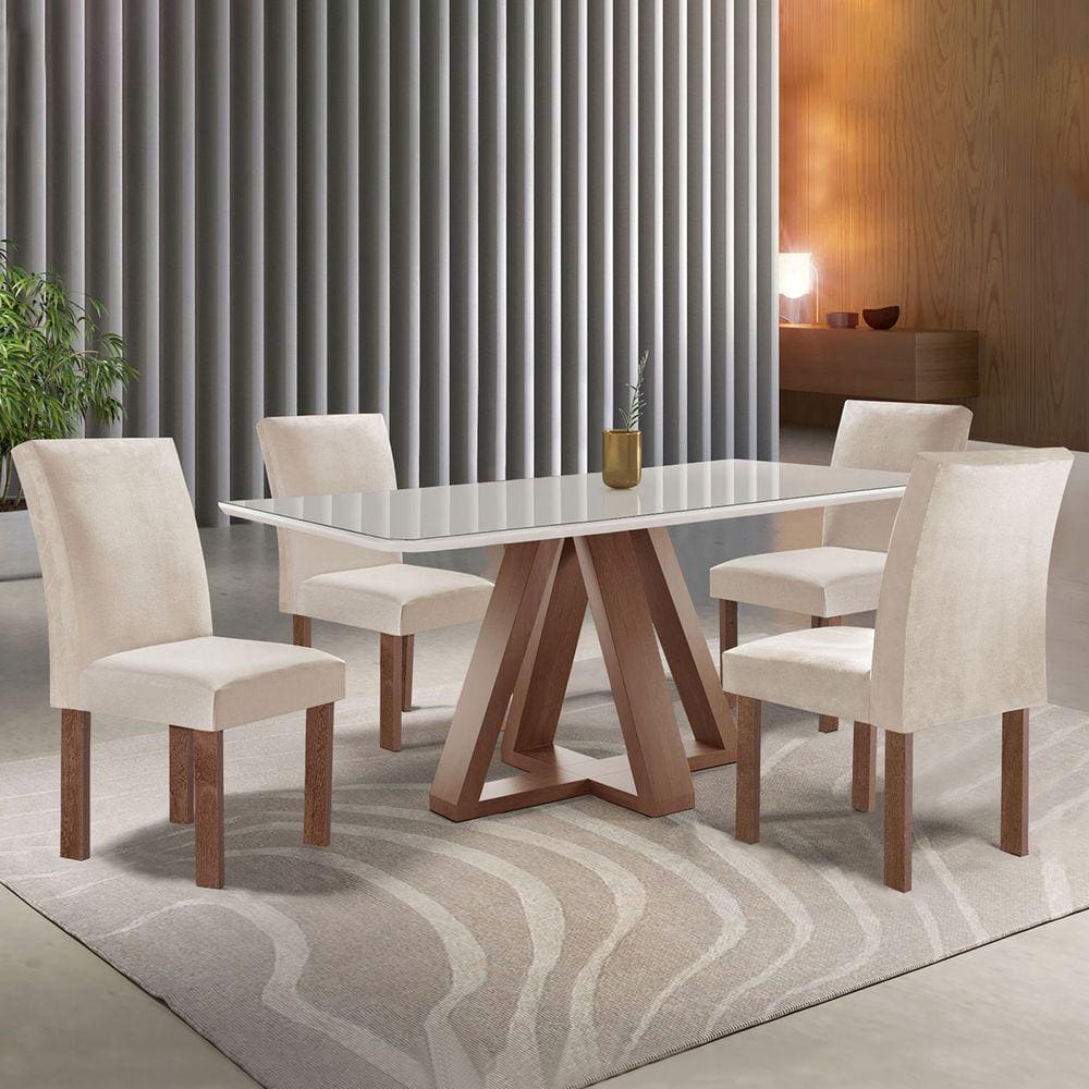 Mesa de Jantar 4 Lugares Kyra/Canela com Vidro Chocolate/Off White/Suede Bege - Cel Móveis