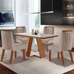 Mesa de Jantar 4 Lugares Viena com Vidro Prêmio/Off White/Linho Bege - Lj Móveis