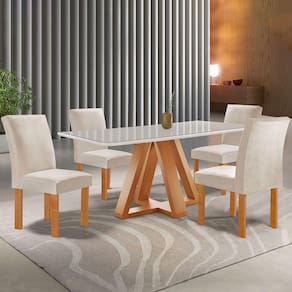 Mesa de Jantar 4 Lugares Kyra/Canela com Vidro Cinamomo/Off White/Suede Bege - Cel Móveis