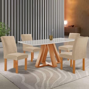 Mesa de Jantar 4 Lugares Kyra/Canela com Vidro Cinamomo/Off White/Suede Cru - Cel Móveis