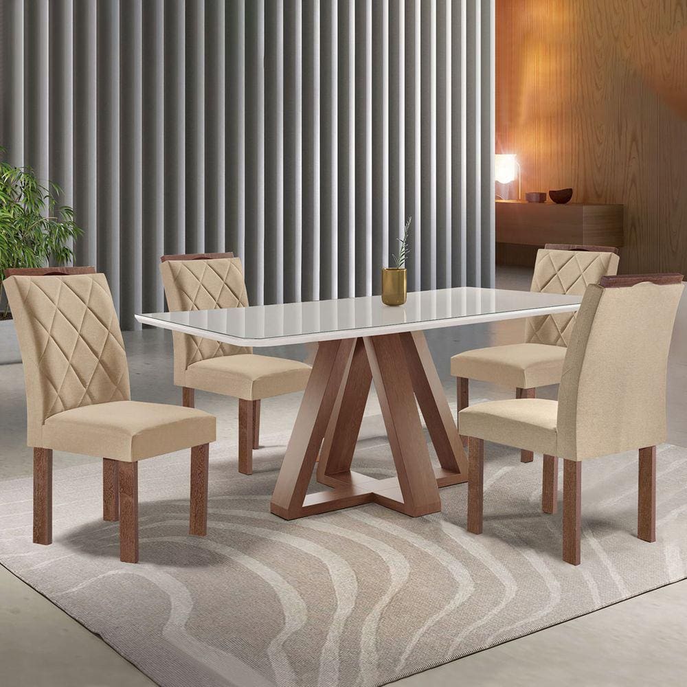 Mesa de Jantar 4 Lugares Kyra/Arthus com Vidro Chocolate/Off White/Suede Cru - Cel Móveis