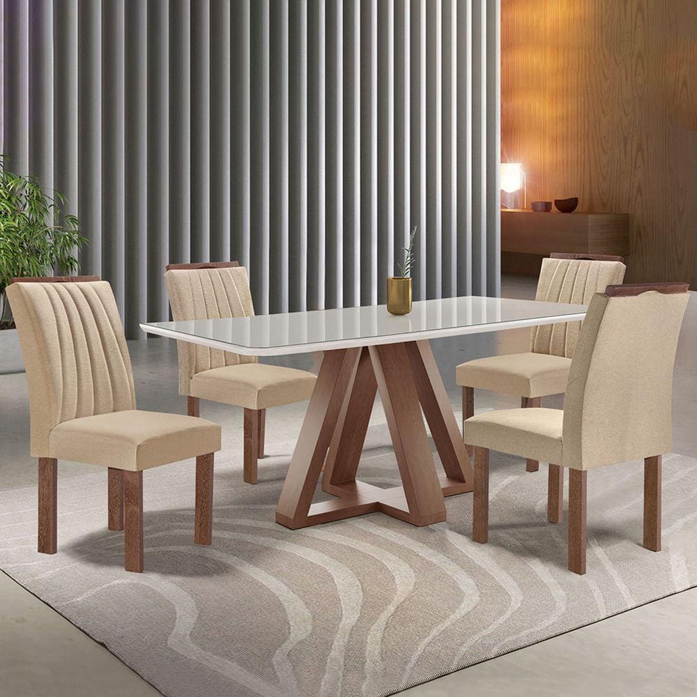 Mesa de Jantar 4 Lugares Kyra/Arizona com Vidro Chocolate/Off White/Suede Cru - Cel Móveis