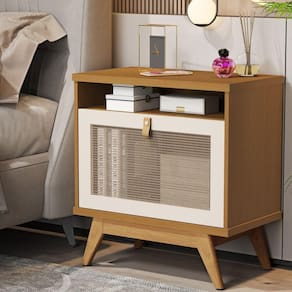 Mesa Cabeceira Jb 2300 com Porta em Rattan e Puxador de Couro Marrom/Pérola