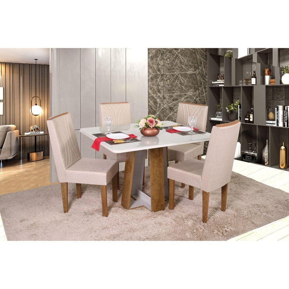 Conjunto Sala de Jantar Mesa Retangular Laís com 4 Cadeiras Helena com Apliques Freijó/Off White