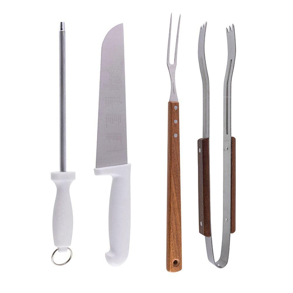 Conjunto Para Churrasco 4 Peças Aço Inox e Madeira Hauskraft