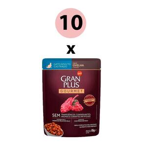 KIT 10 Ração Úmida Gran Plus Gourmet Gatos Castrados Ovelha Sachê 85g