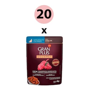 KIT 20 Ração Úmida Gran Plus Gourmet Gatos Castrados Ovelha Sachê 85g