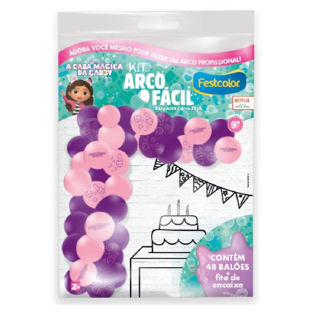 Kit Arco Fácil A Casa Mágica da Gabby Com 48 Balões Bexigas