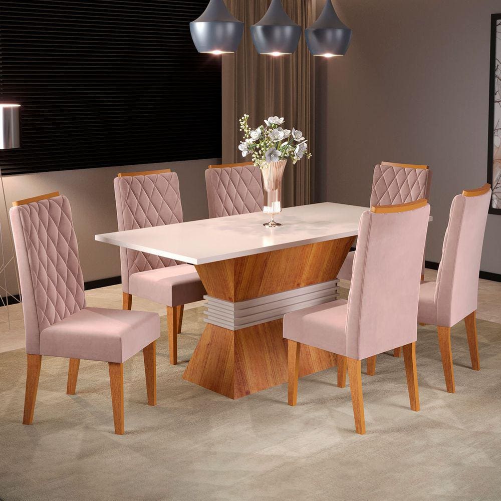 Mesa de Jantar 6 Lugares Las Vegas Amarelo/Blonde/Veludo Rosa - Viero Móveis