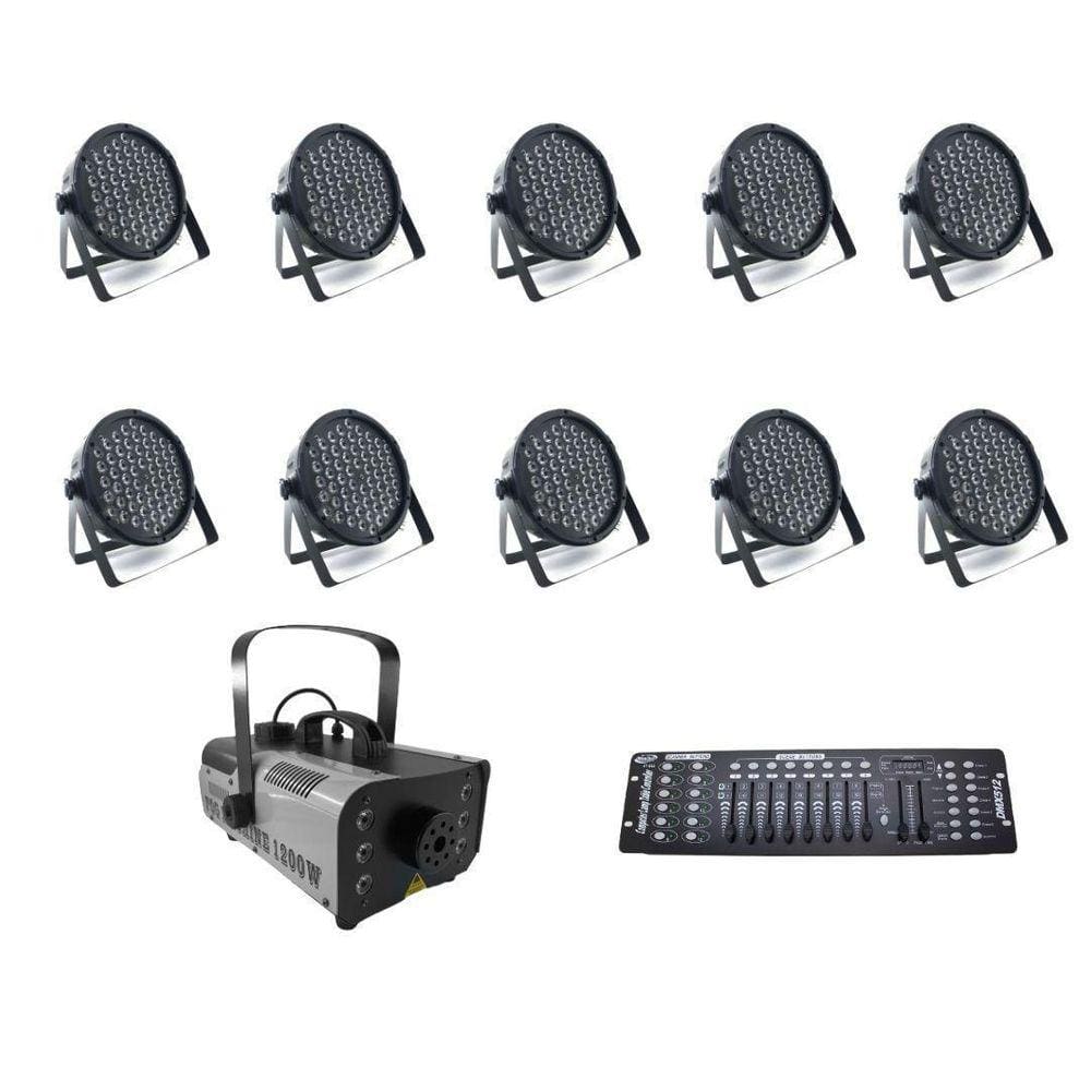 Kit 10 Par Leds + Máquina De Fumaça 1200W + Mesa Dmx 512
