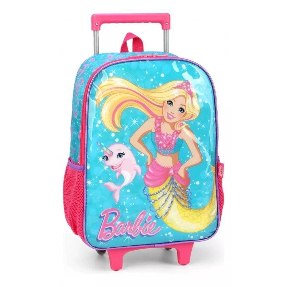 Mochila Escolar de Rodinhas Barbie Sereia Verde/Rosa Luxcel