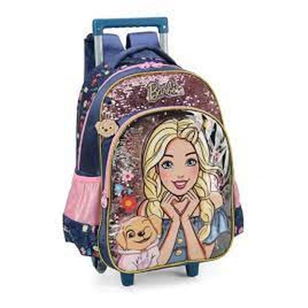 Mochila Escolar de Rodinhas Barbie Pet Azul/Rosa - Luxcel