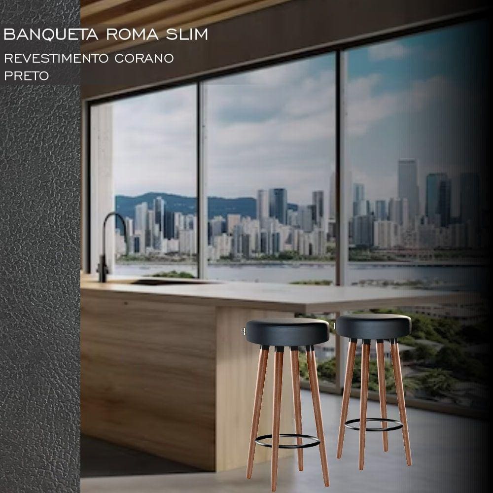 Banco Banqueta Roma Slim Redonda Alta 70cm Preto