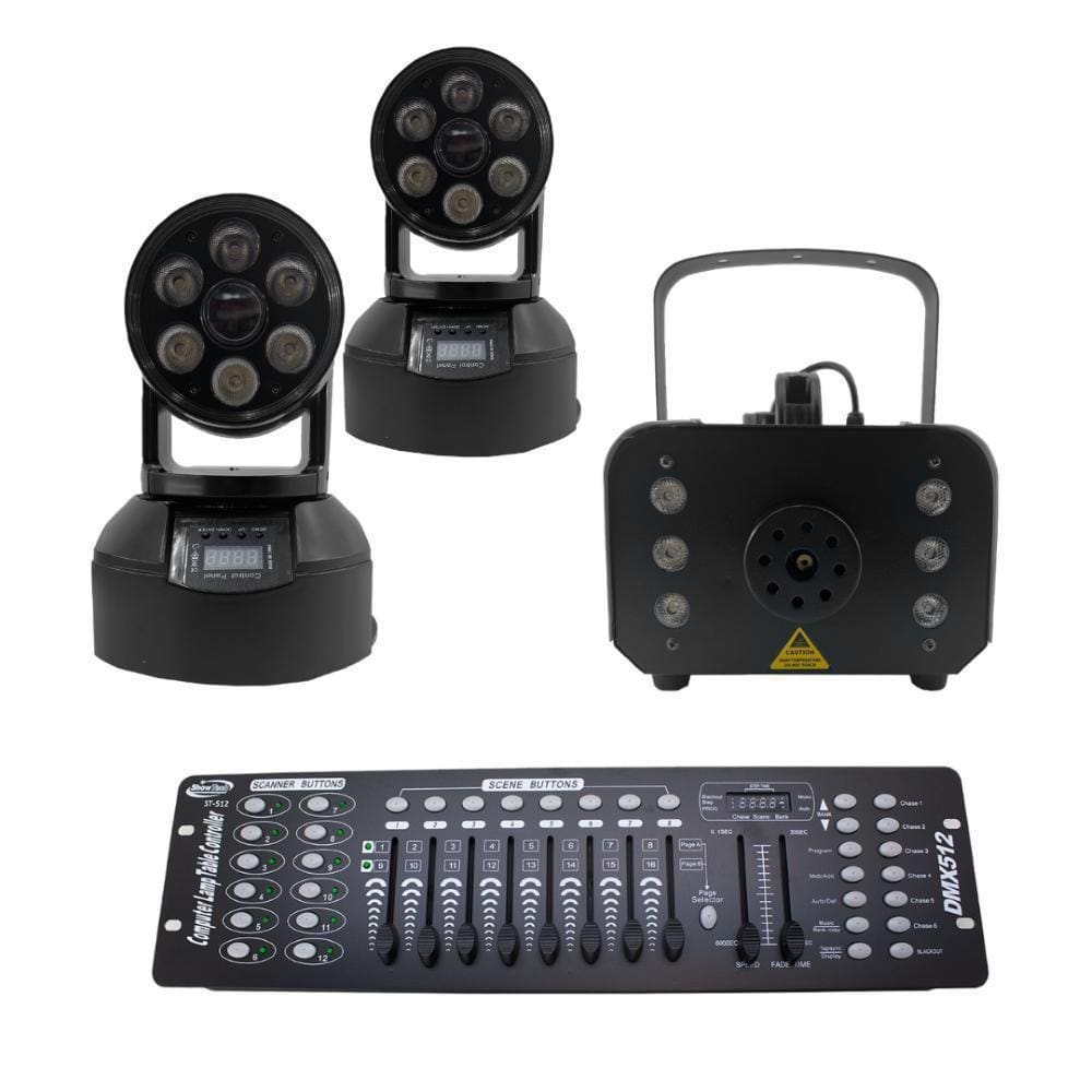 Kit 2 Mini Moving + Máquina De Fumaça 1200W + Mesa Dmx 512